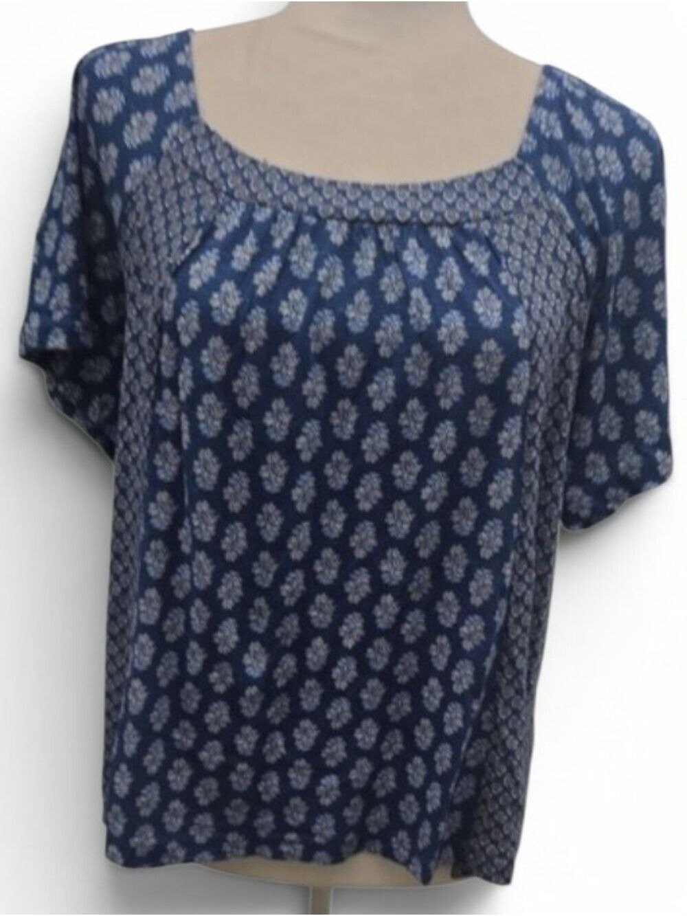 Lucky Brand Blue Printed Square-Neck Short Sleeve Top Scoop Neck Stretchy